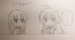  2girls :d :o angel_beats! bangs big_head blue_eyes chibi commentary_request eyebrows_visible_through_hair eyes_visible_through_hair graphite_(medium) hair_between_eyes highres irie_(angel_beats!) key_(company) lineart long_hair long_sleeves looking_at_another looking_at_viewer looking_to_the_side multiple_girls open_mouth photo ribbon school_uniform sekine serafuku shading shinda_sekai_sensen_uniform shirt simple_background smile speech_bubble standing traditional_media translation_request upper_body zuzuhashi 