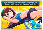  1girl animal belly beret blue_eyes brown_eyes brown_hair creatures_(company) eyebrows female_protagonist_(pokemon_swsh) game_freak hat matching_hair/eyes nintendo open_mouth pokemon pokemon_(creature) pokemon_swsh short_hair shorts skajrzombie smile sobble stomach tail 