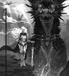  armor black_and_white cloud collar detailed_background digital_media_(artwork) dragon duo female feral flying hair hi_res horn human mammal melee_weapon membranous_wings monochrome protruding_teeth remarin scalie size_difference spikes standing sword teeth weapon wings 