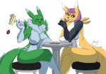  anthro bionic_arm breasts cake digimon digimon_(species) duo eating featureless_breasts female food nude open_mouth renamon sitting smile wide_hips yawg 