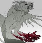  anthro athletic blood blood_on_hands canid canine canis claws crying gradient_background hi_res horn male mammal open_mouth remarin simple_background spikes tears teeth wings 