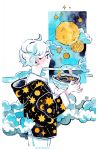  1girl artist_name cereal cloud cowboy_shot crater crescent_moon earrings jewelry long_sleeves maruti_bitamin moon original planet profile short_hair smile solo spoon white_hair yellow_eyes 