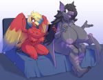  anthro avian bat_pony big_breasts bird breasts collar dickgirl duo equid female half-erect hi_res huge_breasts humanoid_penis intersex kneeling mammal my_little_pony nipples open_mouth penis pofuilly pussy sitting smile wings 