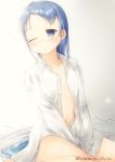  1girl artist_name bangs bare_legs bed_sheet between_legs blue_eyes blue_hair blush closed_mouth collarbone collared_shirt commentary_request flat_chest hand_between_legs kantai_collection long_hair looking_at_viewer mae_(maesanpicture) naked_shirt navel one_eye_closed open_clothes open_shirt samidare_(kantai_collection) shiny shiny_hair shirt sidelocks simple_background sitting sleepy solo swept_bangs twitter_username very_long_hair wariza white_background white_shirt 