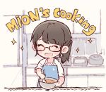  1girl :d ^_^ akb48 apron bangs blue_apron blurry blurry_background blush bowl character_name chibi closed_eyes commentary cooking english_commentary english_text eyes_closed kitchen long_hair mole mole_under_eye mukaichi_mion open_mouth ponytail real_life rice_cooker shirt sidelocks smile solo sparkle spoon stirring taneda_yuuta upper_body white_shirt 