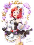  1girl :d bangs black_neckwear detached_collar detached_sleeves eyebrows_visible_through_hair flower happy_birthday hat hat_flower highres looking_at_viewer love_live! love_live!_school_idol_festival miniskirt musical_note musical_note_print nishikino_maki open_mouth petals print_hat print_skirt purple_eyes purple_flower purple_rose red_flower red_hair rose short_hair skirt smile solo standing strapless swept_bangs wal---dg7sdr-0128 white_background white_sleeves wing_collar wrist_cuffs 