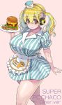  1girl apron blonde_hair breasts cleavage curvy diner food french_fries frills hamburger headphones highres holding holding_food huge_breasts meat_day nitroplus orange_eyes plump puffy_sleeves short_sleeves smile solo standing super_pochaco thick_thighs thighs tray tsuji_santa twintails waist_apron waitress 