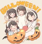  &gt;:) 5girls ^_^ akb48 bangs beige_background black_hair blush bow brown_hair clenched_hand closed_eyes commentary_request eyes_closed facial_mark hair_bow halloween hand_up heart holding jack-o&#039;-lantern katou_rena long_hair long_sleeves looking_at_viewer mole mole_under_eye mole_under_mouth mukaichi_mion multiple_girls nightgown nightshirt one_side_up ooshima_ryouka pajamas pink_bow ponytail real_life short_hair short_sleeves sidelocks sitting takahashi_jyuri taneda_yuuta towel towel_on_head twintails 