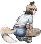  african_wild_dog_(kemono_friends) aimitsu animal_humanoid blush brown_eyes brown_hair butt canid canid_humanoid canine canine_humanoid clothed clothing crouching denim_shorts dipstick_tail female footwear hair hi_res humanoid kemono_friends legwear mammal multicolored_hair multicolored_tail open_mouth rear_view shirt shoes short_hair shorts solo sweat tights two_tone_hair wet 