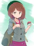  1girl backpack bag beret brown_eyes brown_hair creatures_(company) eyebrows female_protagonist_(pokemon_swsh) game_freak hat highres matching_hair/eyes mzrz nintendo pokeball pokemon pokemon_swsh shirt short_hair skirt smile solo sweater 