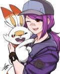  1girl :d airisubaka bangs bunny commentary creatures_(company) english_commentary eyebrows_visible_through_hair game_freak gen_8_pokemon hair_ornament happy hat highres holding jacket long_hair looking_at_another looking_at_viewer nintendo one_eye_closed open_mouth original pokemon pokemon_(creature) ponytail purple_hair purple_jacket red_eyes scorbunny signature simple_background smile upper_teeth white_background 