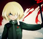  1girl bandage bandage_over_one_eye bangs blonde_hair blue_eyes closed_mouth commentary emblem flag frown girls_und_panzer green_jumpsuit holding holding_flag katyusha long_sleeves looking_at_viewer pravda_military_uniform red_flag short_hair solo standing susumu upper_body 