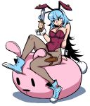  1girl akairiot animal_ears bare_shoulders bean_bag_chair black_hair blue_footwear blue_hair breasts bunny_crimson_(akairiot) bunny_ears bunny_girl bunny_tail bunnysuit cleavage earrings fake_animal_ears fishnet_legwear fishnet_pantyhose fishnets holding holding_knife jewelry knife large_breasts leotard long_hair multicolored_hair original pantyhose red_leotard shadow sheath shoes simple_background solo strapless strapless_leotard tail tongue tongue_out two-tone_hair very_long_hair white_background wrist_cuffs 
