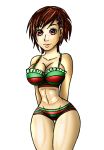  1girl atlus breasts cleavage curvy dengeki_matsuko earring female_protagonist_(persona_3) highres large_breasts lips looking_at_viewer midriff navel persona persona_3 persona_3_portable red_eyes red_hair short_shorts shorts swimsuit technician67 thigh_gap thighs 