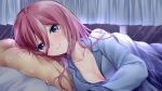  1girl bangs bed_sheet blanket blush breasts cleavage closed_mouth collarbone curtains eyebrows_visible_through_hair go-toubun_no_hanayome gou_lianlian_dogface hair_between_eyes highres indoors long_hair long_sleeves lying medium_breasts nakano_miku night night_sky on_bed on_side pajamas partially_unbuttoned pillow purple_hair sky smile solo under_covers upper_body 