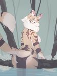  2019 anthro black_markings blush breasts butt_pose clothing detailed_background digital_media_(artwork) dipstick_tail electrycpynk eyes_closed felid female forest fur hi_res inner_ear_fluff loincloth mammal markings multicolored_fur multicolored_tail neck_tuft nipples orange_fur pantherine partially_submerged pawpads signature solo standing tiger tree tuft white_fur 
