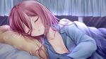  1girl bangs bed_sheet blanket blush breasts cleavage collarbone curtains eyebrows_visible_through_hair eyes_closed facing_viewer go-toubun_no_hanayome gou_lianlian_dogface hair_between_eyes highres indoors long_hair long_sleeves lying medium_breasts nakano_miku night night_sky on_bed on_side pajamas parted_lips partially_unbuttoned pillow purple_hair sky sleeping solo under_covers upper_body 