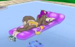  2019 amber_(predation) anthro being_watched bikini blue_eyes breasts butt canid canine casual_exposure clothed clothing female hair half-closed_eyes looking_at_another lying mammal mostly_nude on_front outside pawpads paws pool_float predation purple_hair reading sephra side_boob solo_focus swimming_pool swimsuit topless water 