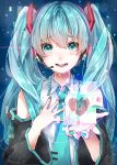  1girl absurdres bare_shoulders blue_eyes blue_hair blue_nails blue_neckwear blush crying crying_with_eyes_open detached_sleeves eyebrows_visible_through_hair fingernails hair_between_eyes hand_on_own_chest hatsune_miku headset heart highres holding hologram long_hair looking_at_viewer mai_mugi nail_polish necktie number number_tattoo open_mouth shirt shoulder_tattoo sleeveless sleeveless_shirt solo tattoo tears twintails very_long_hair vocaloid white_shirt 