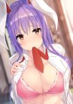  1girl absurdres animal_ears bangs blurry blurry_background blush bra breasts bunny_ears commentary_request dutch_angle hand_on_own_chest highres large_breasts liya long_hair long_sleeves looking_at_viewer mouth_hold navel necktie open_clothes open_shirt pink_bra purple_hair red_eyes red_neckwear reisen_udongein_inaba solo stomach touhou underwear upper_body wing_collar 
