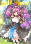  &gt;:) 1girl anniversary bare_shoulders bell black_coat blue_hair bow bread breasts cleo_(dragalia_lost) commentary detached_sleeves dragalia_lost dragon dragon_wings dress eating english_commentary english_text eyebrows_visible_through_hair feeding food giving gradient_hair gurugurere hair_bell hair_bow hair_ornament highres hikage_(dragalia_lost) large_breasts multicolored_hair purple_eyes purple_hair smile twintails twitter_username watermark white_dress white_legwear wings yellow_eyes 