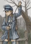  1girl fence gun hair_ornament hat highres kageng military military_hat military_uniform musket original peaked_cap picket_fence ramrod reloading soldier solo thighhighs tree uniform weapon wooden_fence 