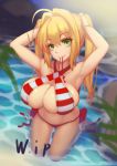  1girl ahoge arms_up bikini blonde_hair blush breasts cleavage fate/extra fate/grand_order fate_(series) green_eyes hair_intakes halter_top halterneck hands_on_own_head large_breasts long_hair looking_at_viewer mouth_hold nero_claudius_(fate)_(all) nero_claudius_(swimsuit_caster)_(fate) qblade red_bikini side-tie_bikini solo striped striped_bikini swimsuit twintails 