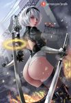  1girl ass black_hairband blue_eyes boots breasts cleavage_cutout facing_viewer feather-trimmed_sleeves hairband juliet_sleeves jxh33 leather leather_boots long_sleeves medium_breasts nier_(series) nier_automata puffy_long_sleeves puffy_sleeves silver_hair sword thigh_boots thighhighs thighhighs_under_boots weapon white_hair yorha_no._2_type_b 