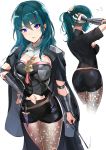  1girl anger_vein angry aqua_hair blush breasts byleth cape cleavage fire_emblem fire_emblem:_fuukasetsugetsu gloves hand_on_hip highres long_hair looking_at_viewer medium_breasts midriff_peek multiple_views navel nintendo ormille ponytail purple_eyes sketch solo standing white_background 