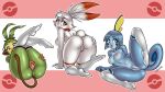  3girls absurdres all_fours animal_ears anus ass blue_eyes blush_stickers breasts bunny_ears collarbone creatures_(company) eyebrows_visible_through_hair from_behind furry game_freak gen_8_pokemon grookey highres looking_at_viewer looking_to_the_side lying medium_breasts multiple_girls navel nintendo nipples nude on_back on_side open_mouth pink_background pokemon pokemon_(creature) pokemon_swsh pussy red_eyes rhinoking scorbunny short_hair smile sobble socks spread_legs spread_pussy tail upper_teeth white_background white_legwear 