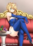  1girl apple armpits artoria_pendragon_(all) artoria_pendragon_(lancer) ass bangs bare_shoulders blue_gloves blue_legwear blue_leotard boots bowl braid breasts closed_mouth couch crown eyebrows_visible_through_hair fate/grand_order fate_(series) food french_braid fruit fruit_bowl gloves grapes green_eyes hair_between_eyes hellandheaven highleg highleg_leotard highres large_breasts leg_up legs_crossed leotard looking_at_viewer medium_hair peach pineapple seductive_smile sitting smile solo swept_bangs thigh_boots thighhighs 