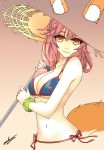  1girl animal_ears artist_request bikini breasts cleavage cropped_torso eadgear fate/grand_order fate_(series) fox_ears fox_tail hat highres large_breasts pink_hair side-tie_bottom smile solo straw_hat summer swimsuit tail tamamo_(fate)_(all) tamamo_no_mae tamamo_no_mae_(fate) tan_background umbrella yellow_eyes 