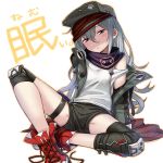  1girl bandanna blush_stickers eyebrows_visible_through_hair flat_chest g11_(girls_frontline) girls_frontline hair_between_eyes half-closed_eyes hat head_tilt highres itou_(onsoku_tassha) jacket knee_pads long_hair looking_at_viewer messy_hair off_shoulder open_clothes open_jacket red_footwear shoes short_shorts shorts sidelocks silver_hair simple_background sitting sneakers solo strap_slip thigh_strap untied_shoes white_background 