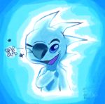  2019 alien blue_background blue_body blue_eyes blue_nose blue_theme disney experiment_(species) hi_res icy_body lilo_and_stitch looking_at_viewer one_eye_closed open_mouth open_smile purple_tongue signature simple_background slushy_(lilo_and_stitch) smile snowflake solo twilightvolt wink 