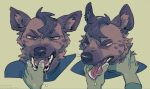  black_nose clothed clothing fur hair hands_in_mouth hyaenid looking_at_viewer mammal mouthplay murkbone open_mouth red_eyes simple_background tongue tongue_out 