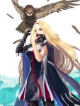  1girl asymmetrical_gloves azur_lane bangs bird blonde_hair blue_cloak blush bunker_hill_(azur_lane) cloak dress feathers gloves high_collar highres kdm_(ke_dama) necktie orange_eyes owl short_dress sidelocks solo thigh_strap 