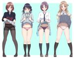  4girls ahoge asakura_tooru badge bangs baretto_(karasi07) black_hair black_legwear black_necktie black_neckwear black_ribbon black_sweater blazer blue_background blue_eyes blue_jacket blue_legwear blush border breasts brown_eyes brown_hair cardigan clothes_around_waist clothes_lift collarbone collared_shirt commentary_request earrings eyebrows_visible_through_hair flower fukumaru_koito grey_jacket grey_skirt hair_bun hair_flower hair_ornament hair_ribbon hairclip highres higuchi_madoka ichikawa_hinana idolmaster idolmaster_shiny_colors jacket jacket_around_waist jewelry long_hair long_sleeves looking_at_viewer mole mole_under_eye multiple_girls neck_ribbon necktie noctchill_(idolmaster) open_cardigan open_clothes open_mouth outside_border panties panties_under_pantyhose pantyhose parted_bangs pink_panties plaid plaid_skirt pleated_skirt purple_eyes purple_hair purple_panties ribbon school_uniform shirt short_hair side_bun simple_background skirt skirt_lift sleeves_past_wrists standing sweat sweater sweatshirt thighhighs twintails underwear white_border white_panties white_shirt yellow_cardigan 