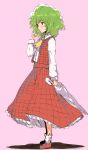  1girl ascot bangs blush bobby_socks closed_umbrella collared_shirt eyebrows_visible_through_hair finger_to_chin flan_(harry_mackenzie) flat_chest from_side full_body green_hair hair_between_eyes highres holding holding_umbrella kazami_yuuka long_skirt long_sleeves looking_afar medium_hair open_clothes open_vest parted_lips pink_background plaid plaid_skirt plaid_vest red_eyes red_footwear red_skirt red_vest shadow shiny shiny_hair shiny_skin shirt simple_background sketch skirt skirt_set socks solo standing thinking touhou umbrella vest wavy_hair white_legwear white_shirt yellow_neckwear younger 
