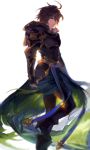  1boy ahoge armor black_legwear boots brown_hair gloves granblue_fantasy high_heels highres hood hood_down looking_at_viewer male_focus red_eyes sandalphon_(granblue_fantasy) shioiri_ham short_hair walking 