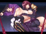  2girls ass breasts closed_mouth fate/grand_order fate_(series) gae_bolg highres large_breasts long_hair looking_at_viewer minamoto_no_raikou_(fate/grand_order) multiple_girls one_eye_closed polearm purple_eyes qibu_yuren_jiu scathach_(fate)_(all) scathach_(fate/grand_order) spear thighhighs weapon 