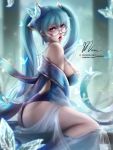  1girl ass blue_eyes blue_hair breasts fantasy large_breasts league_of_legends long_hair mumeaw open_mouth sideboob sitting sitting_on_object solo sona_buvelle tongue tongue_out very_long_hair 