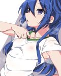  1girl ahoge armpit_peek blue_hair breasts erect_nipples eyebrows_visible_through_hair gym_uniform hair_between_eyes kazanari_tsubasa kuro_mushi long_hair looking_at_viewer one_side_up open_mouth purple_eyes see-through senki_zesshou_symphogear shiny shiny_hair shiny_skin shirt simple_background small_breasts solo wet wet_clothes wet_shirt white_background white_shirt 