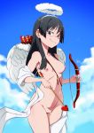  1girl angel_wings areolae bangs between_breasts black_hair blush breasts censored cupid day eyebrows_visible_through_hair feathered_wings flying highres jcm2 long_hair looking_at_viewer navel nipples nose_blush nude pointless_censoring pussy quiver saten_ruiko sky smug solo to_aru_kagaku_no_railgun to_aru_majutsu_no_index white_wings wings 