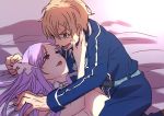  1boy 1girl aqua_eyes bed belt blonde_hair blue_jacket breasts choker clenched_hand clothed_male_nude_female eugeo eye_contact hair_between_eyes hair_ornament hand_up hetero highres jacket large_breasts lavender_hair long_hair long_sleeves looking_at_another lying neck nude on_back on_bed open_mouth purple_eyes quinella short_hair smile sweat sword_art_online sword_art_online_alicization upper_body white_choker 
