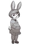  animal_crossing anthro blush carmen_(animal_crossing) clothed clothing crookedtrees eyelashes facial_piercing female footwear freckles fully_clothed hair half-closed_eyes hi_res hoodie lagomorph legwear looking_at_viewer mammal miniskirt monochrome nintendo nose_piercing piercing rabbit septum_piercing shoes skirt slightly_chubby smile socks solo standing teeth thigh_highs thigh_socks video_games 