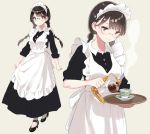  apron back_bow bangs black_dress black_footwear black_hair blush bow braid breasts brown_hair comic cowboy_shot cup dress eyebrows_visible_through_hair eyes_closed frilled_apron frills full_body glasses grey_background hanae_haruka holding holding_tray long_hair looking_at_viewer looking_down maid maid_headdress medium_breasts multiple_views original simple_background sleeves_folded_up sleeves_pushed_up smile standing steam tea teacup tray twin_braids white_apron white_bow white_legwear 