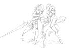  angry axiel_hildagarde axiel_hildagarde_(axziel) book breasts fatuus fighting_stance glasses greyscale highres monochrome original siblings sisters source_request tagme twins weapon 