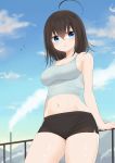  1girl :o ahoge bangs bare_arms bare_shoulders bird black_hair black_shorts blue_eyes blue_sky breasts camisole cleavage cloud collarbone commentary_request cowboy_shot crop_top day grey_shirt hair_between_eyes highres looking_at_viewer lycorisia_elle medium_breasts midriff navel nerisan original outdoors parted_lips railing shirt short_hair short_shorts shorts sky sleeveless sleeveless_shirt smoke solo standing stomach thighs 