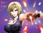  1girl aya_brea bare_shoulders blonde_hair blue_eyes breasts eyebrows_visible_through_hair gii_(claustrophobia222) gun hair_between_eyes handgun holding holding_gun holding_weapon jewelry looking_at_viewer necklace parasite_eve parasite_eve_the_3rd_birthday pistol short_hair sideboob solo the_3rd_birthday torn_clothes weapon 