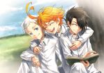  1girl 2boys ahoge arm_around_shoulder black_hair blue_eyes blue_sky book closed_mouth collared_shirt commentary_request dress_shirt emma_(yakusoku_no_neverland) eyes_closed grass hair_over_one_eye highres laughing long_sleeves looking_at_another multiple_boys neck_tattoo norman_(yakusoku_no_neverland) open_book open_mouth orange_hair outdoors pants r777668 ray_(yakusoku_no_neverland) reading shirt short_hair silver_hair sitting skirt sky smile tattoo tree_trunk white_hair white_pants white_shirt white_skirt yakusoku_no_neverland 